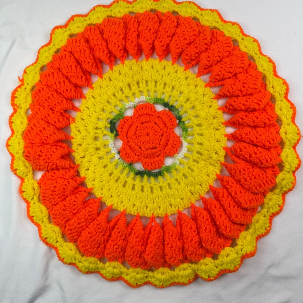 Vintage Handmade Crochet Doily 18 Inch Round Orange Yellow Sunburst Floral Boho